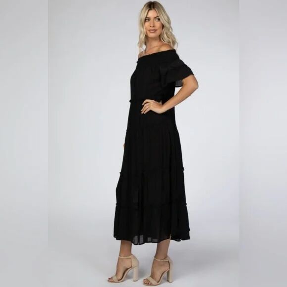 JODIFIL Tiered Off The Shoulder Maxi Dress in Black Sz M - Picture 2 of 9